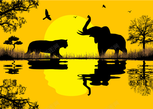 非洲野生动物剪影背景图矢量图背景