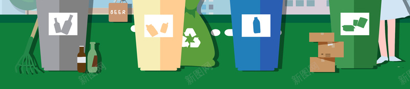 垃圾分类剪纸背景元素图psd设计背景_新图网 https://ixintu.com 云朵 卡通人物 垃圾分类 垃圾桶 城市剪影 彩虹