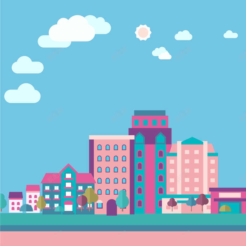 扁平化矢量学校背景ai设计背景_新图网 https://ixintu.com 学校 彩色 扁平化 扁平背景 楼栋 矢量背景 背景学校 矢量图