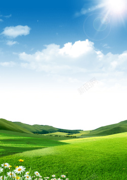 阳光下的女人绿色山坡和草地广告海报背景高清图片