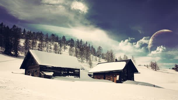 白色雪景里的小屋背景