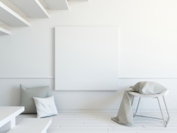 空白背景墙凳子枕头与墙上空白无框画背景高清图片