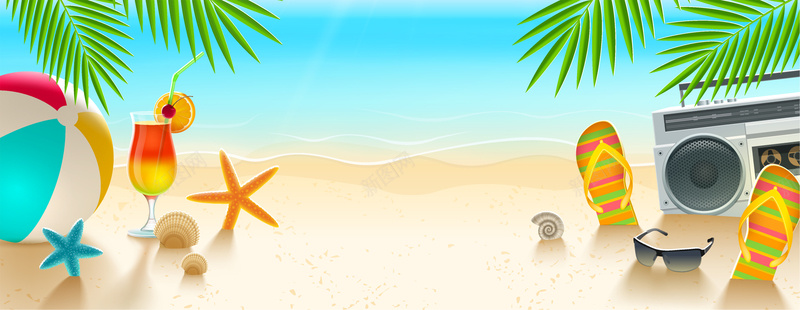 夏日海滩矢量图ai设计背景_新图网 https://ixintu.com 夏日海滩 椰树海滩 海报banner 海滩海星 海滩矢量背景 矢量图