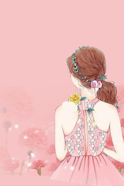浅粉色手绘女生节少女背影背景背景