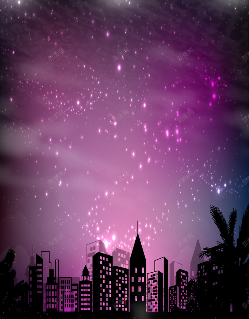 紫色天空下的城市H5背景矢量图ai设计背景_新图网 https://ixintu.com H5素材 光线 唯美 城市 夜晚 星空 椰子树 紫色天空 矢量图