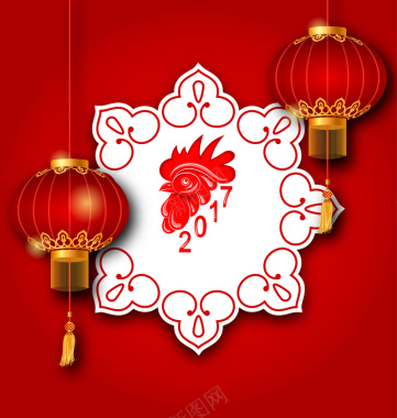 春节中国风灯笼公鸡剪纸背景矢量图背景