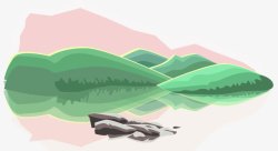 水墨河边卡通中国风山水彩色背景装饰高清图片