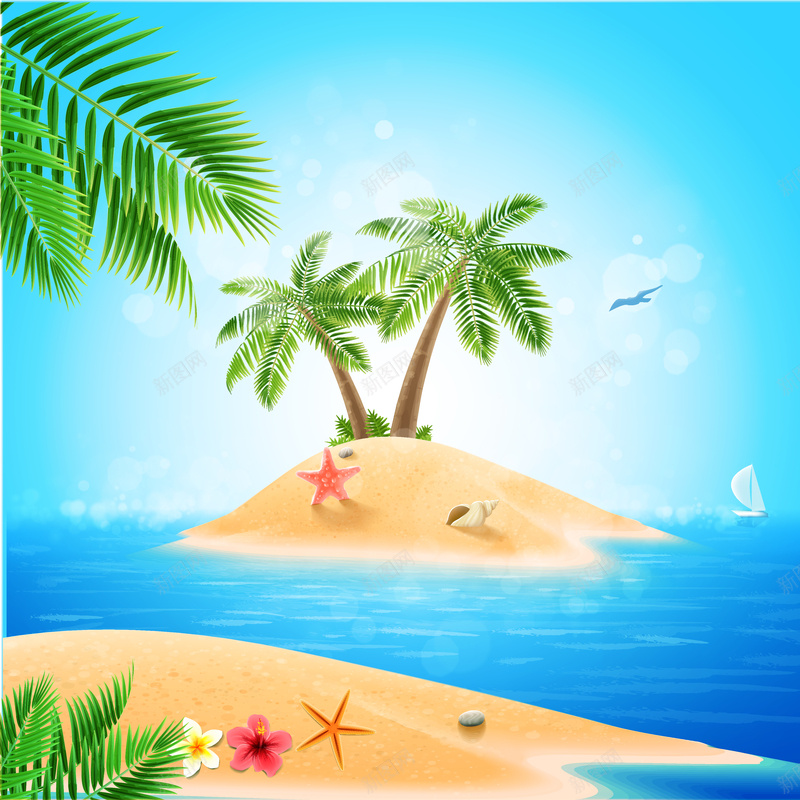 蓝天海岛沙滩椰子树矢量图ai_新图网 https://ixintu.com 天 摄影 椰子树 沙滩 海岛 蓝 蓝色 风景 矢量图