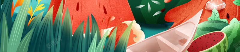 夏天创意背景图psd设计背景_新图网 https://ixintu.com 云朵 手绘人物 植物 装饰元素 西瓜 遮阳伞