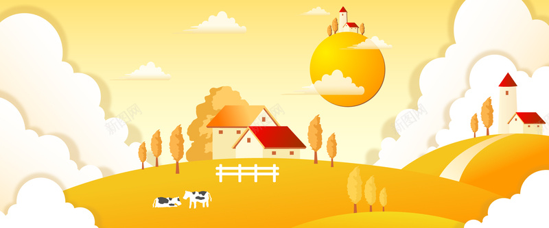 童话背景矢量图ai设计背景_新图网 https://ixintu.com 卡通 房子 手绘 海报banner 秋天 童话 童趣 金黄色 矢量图