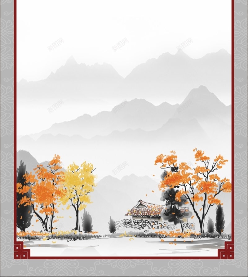 中国风手绘村庄展架背景cdr设计背景_新图网 https://ixintu.com 中国风 古典 展架 手绘 村庄 树木 水墨 白色 高山