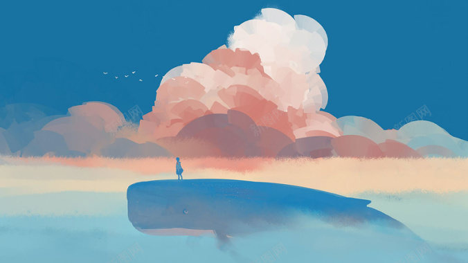 花草插画鲸鱼动漫天空云朵蓝色背景背景