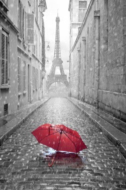 红色直线下雨天的法国巴黎街头景色摄影图片