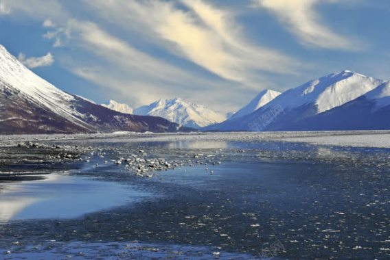 蓝天白云下雪山河流背景