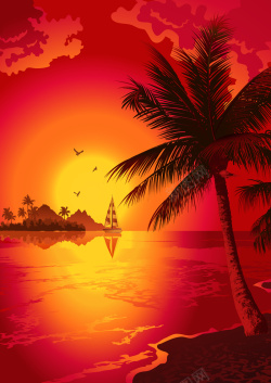 海边夕阳红海岛背景矢量图高清图片