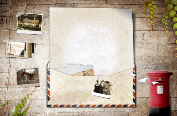 欧式复古信封信件信纸信箱砖墙叶子背景背景