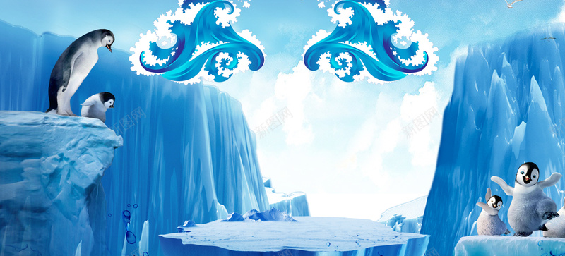 冬季冰川旅游可爱企鹅蓝色banner背景