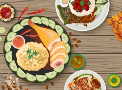 新加坡美食手绘矢量旅游新加坡美食海南鸡饭海报背景高清图片