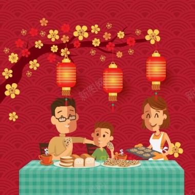 春节回家团聚一家人年夜饭梅花灯笼海报背景矢量图背景