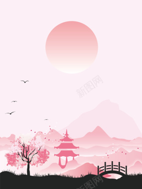 矢量中国风粉红色风景背景背景