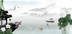 河塘荷花矢量中国风古风山水画海报背景高清图片