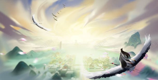 卡通中国风玄幻骑仙鹤的仙人海报背景背景
