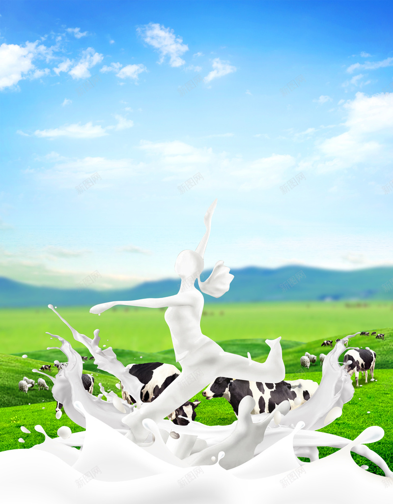 天然有机奶产品海报背景模板psd设计背景_新图网 https://ixintu.com 产品海报 天然 奶牛 有机奶 牛奶 牧场 白云 绿色食品 背景模板 蓝天 飞溅