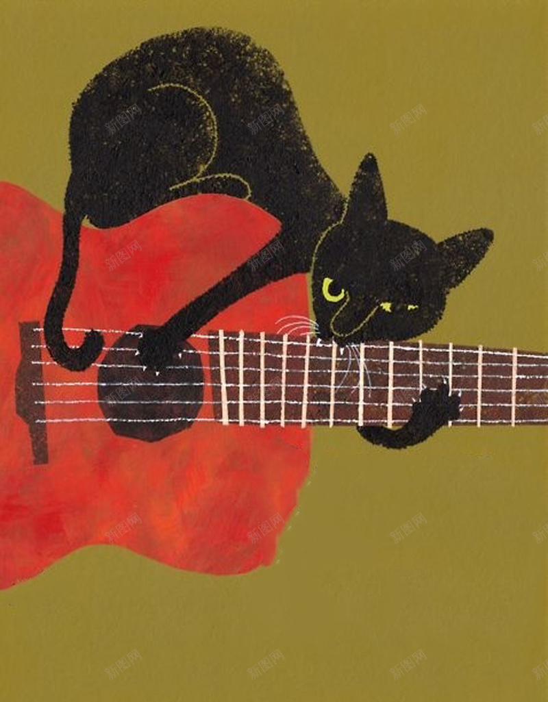 音乐宣传海报psd设计背景_新图网 https://ixintu.com 创意 吉他 复古 宣传 手绘 红色吉他 音乐 黑猫
