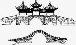 中国风古亭线条拱桥手绘素材