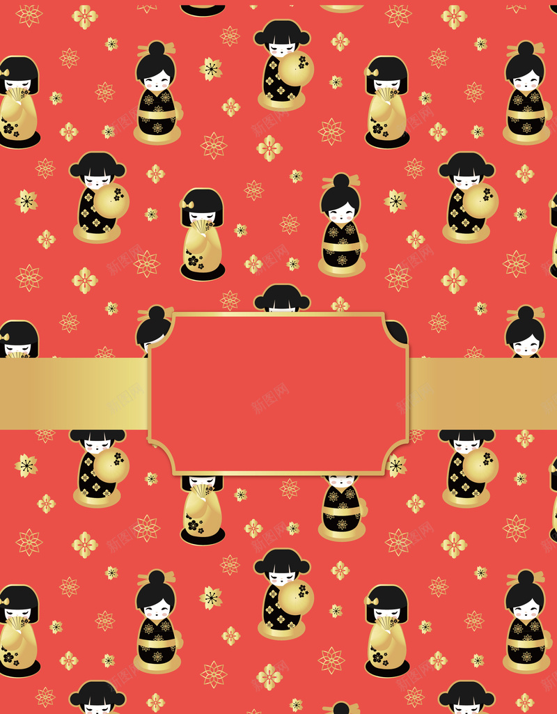 日式元素海报背景矢量图ai设计背景_新图网 https://ixintu.com 女孩 日本 日本美女 标签 海报 红色 美女 花纹 金色 金色标签 矢量图