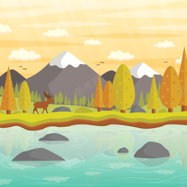 手绘自然景观与秋天驯鹿背景矢量图背景