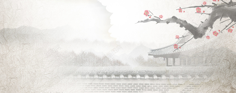 冬季雪景插画中国风水墨淡色梅花亭台楼阁背景背景