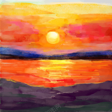 水彩手绘卡通湖边夕阳背景矢量图背景
