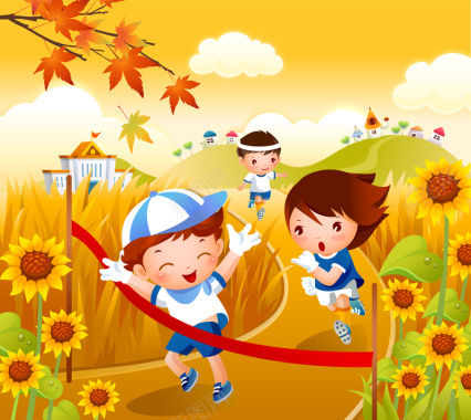 儿童手绘秋天田野枫叶向日葵背景矢量图背景