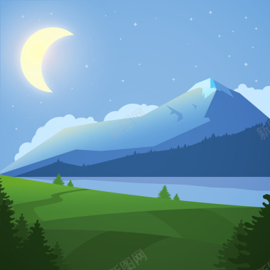 卡通山峰夜晚月亮背景矢量图背景