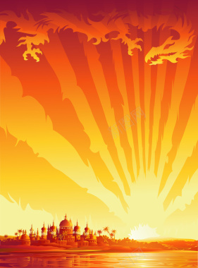 太阳下山光线城市龙云海报背景矢量图背景
