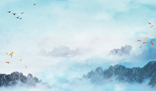 山水水墨画蓝色背景背景