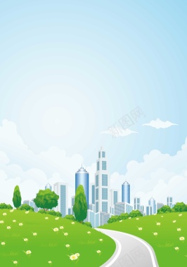 卡通绿色城市建筑背景模板矢量图背景