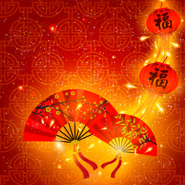 春节中国红扇子灯笼背景矢量图背景