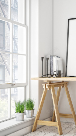 办公桌实拍简约窗台盆栽H5背景高清图片