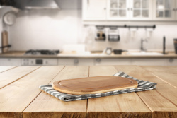 厨房设计效果图木板与模糊家庭背景高清图片