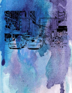 矢量水彩手绘旅游纽约街道背景背景