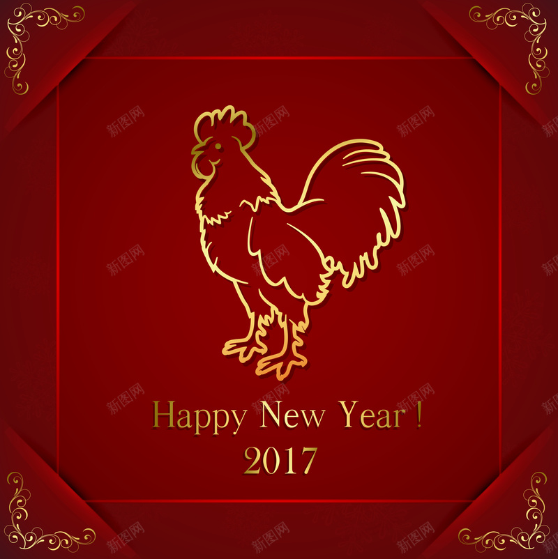 鸡年新年快乐矢量图ai设计背景_新图网 https://ixintu.com 新年快乐 烫金字体 红色边框 鸡年 矢量图