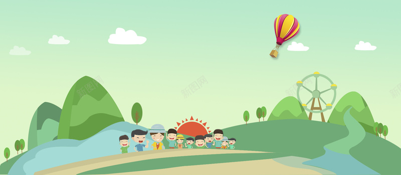 春天小学生春游卡通童趣绿色banner