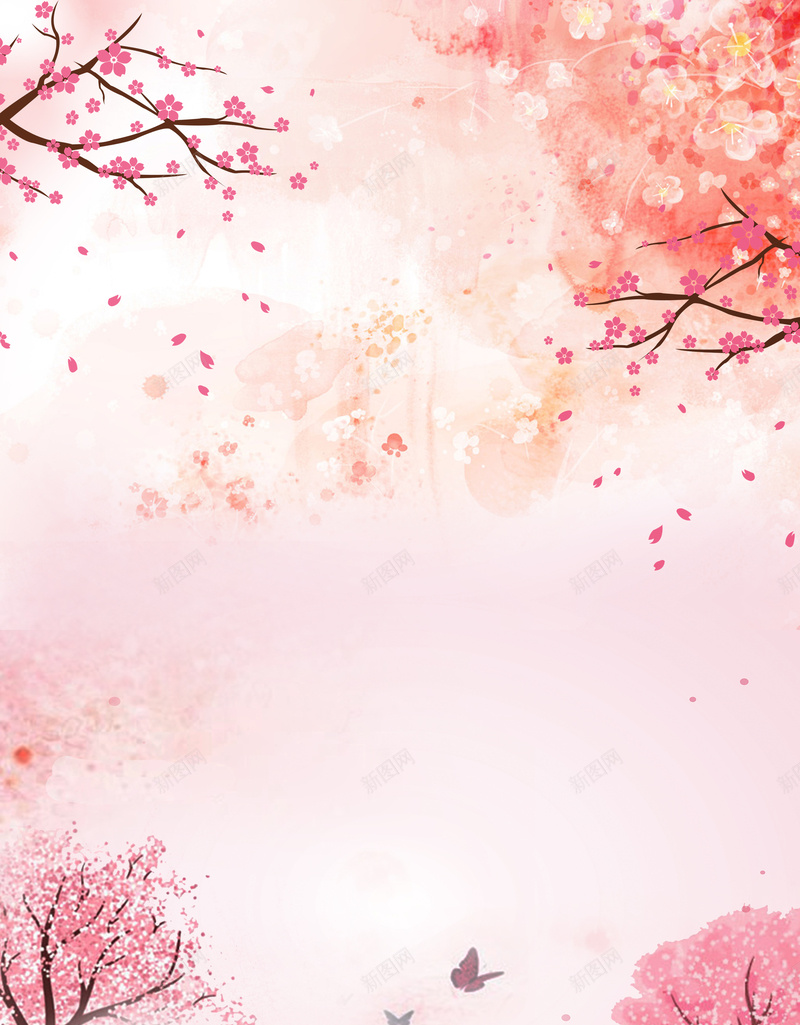 春天红色花海海报背景psd设计背景_新图网 https://ixintu.com 小屋 春游 桃花 桃花游玩 樱花 海报背景 矢量花朵 花瓣 蝴蝶 赏花 郊游
