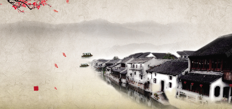 中国风水墨画水乡风景海报背景