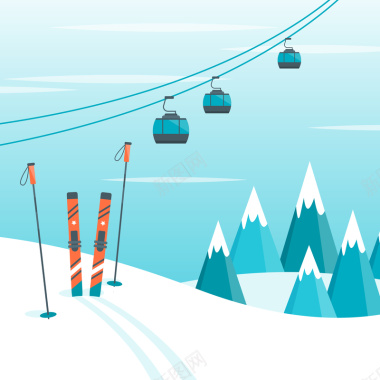 卡通雪山滑雪缆车背景矢量图背景