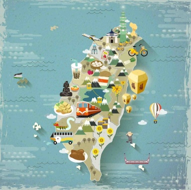 美食街卡通地图手绘矢量旅游台湾景点地图阿里山海报背景背景