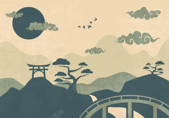 日式旅游文化画册手绘背景矢量图背景