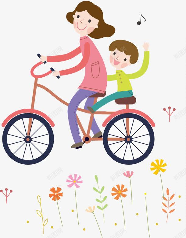 骑车的母女png免抠素材_新图网 https://ixintu.com 单车 卡通 孩子 手绘 挥手 母女 粉色 音符 骑车